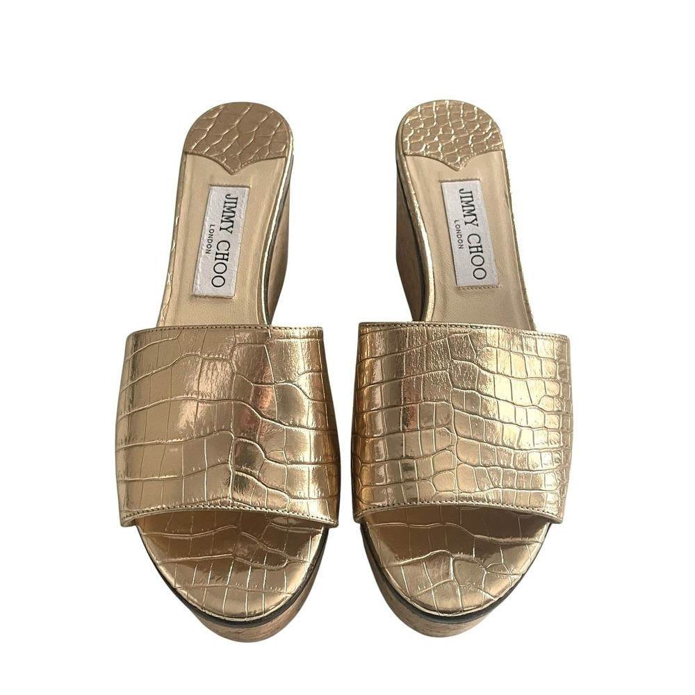 Jimmy Choo Deedee Metallic Cork Platform Sandals Gold Croc Embossed Glam Resort - Picture 4 of 15